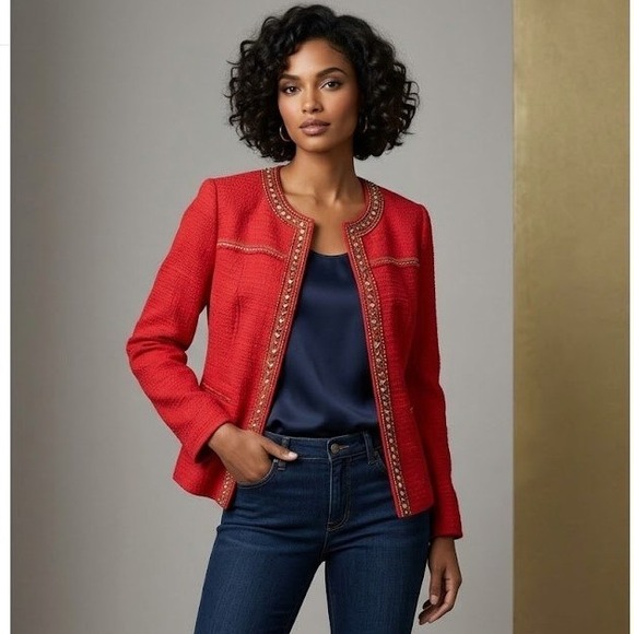 Chico's Jackets & Blazers - Chicos Red Statement Jacket Topper Size 1 M Open Front Patterned Blazer